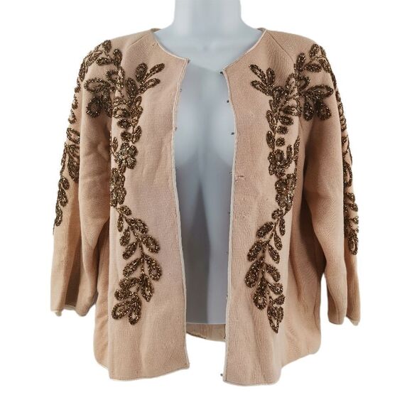 Vintage 1950s Wool Flower Beaded Cardigan Sweater - Picture 1 of 9
